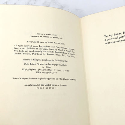 A Day No Pigs Would Die by Robert Newton Peck [FIRST EDITION • FIRST PRINTING] 1972 • Knopf