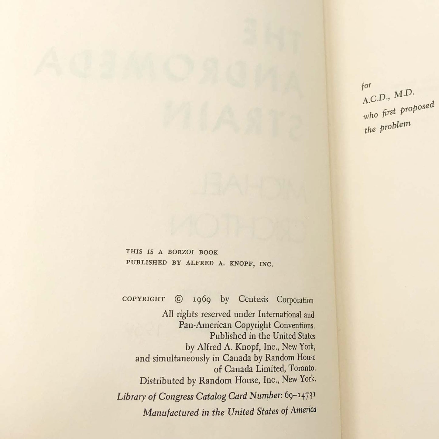 The Andromeda Strain by Michael Crichton [FIRST BOOK CLUB EDITION] 1969 • Knopf
