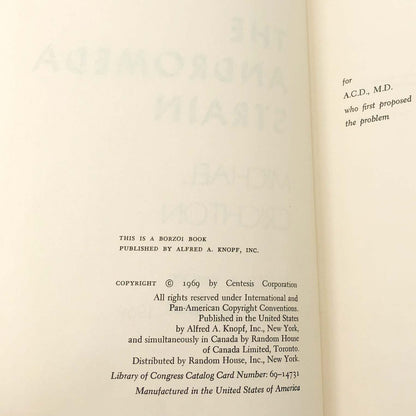 The Andromeda Strain by Michael Crichton [FIRST BOOK CLUB EDITION] 1969 • Knopf