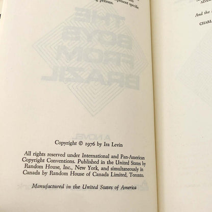 The Boys From Brazil by Ira Levin [FIRST BOOK CLUB EDITION] 1976 • Random House