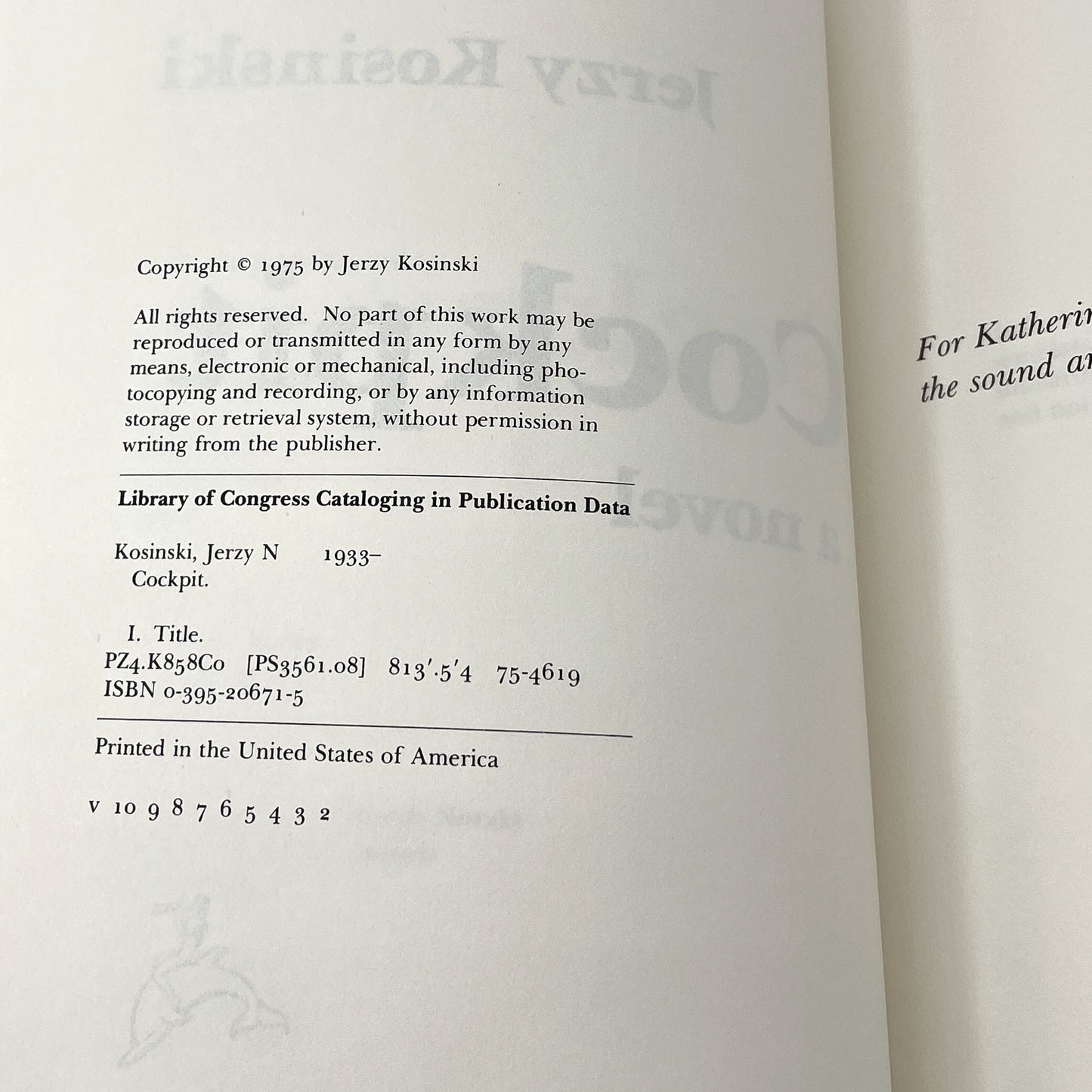 Cockpit by Jerzy Kosiński SIGNED! [FIRST EDITION] 1975 • Houghton Mifflin