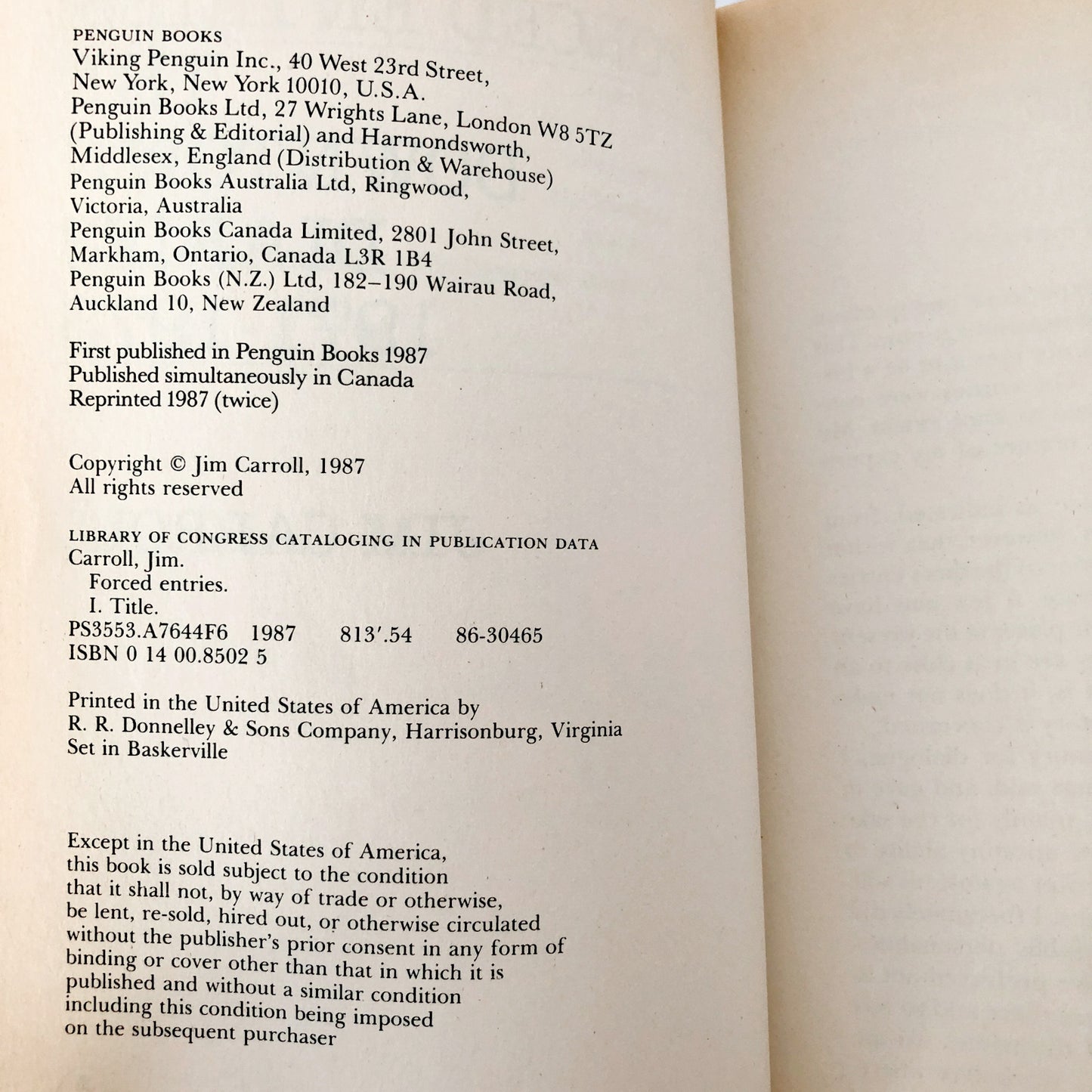 SIGNED! Forced Entries: The Downtown Diaries 1971-1973 by Jim Carroll [FIRST EDITION / 1987]
