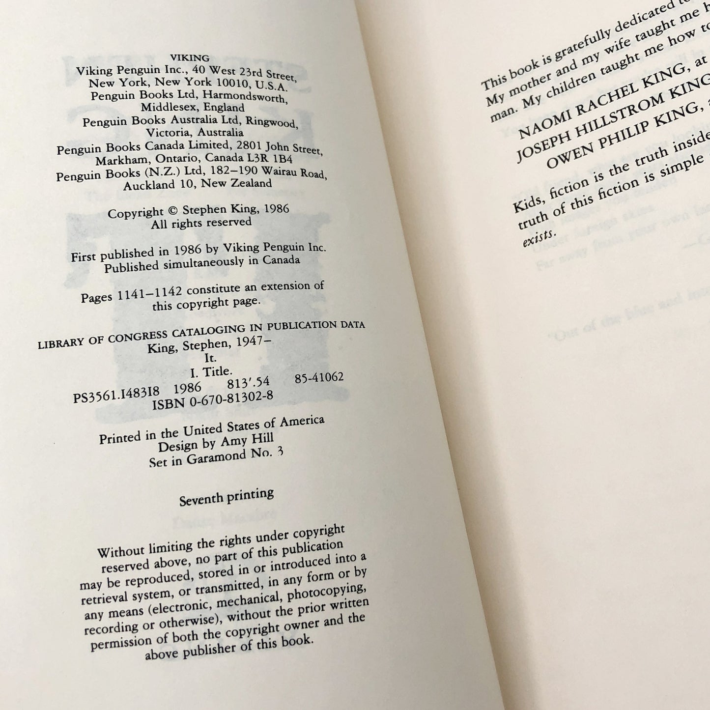 IT by Stephen King [FIRST EDITION • SEVENTH PRINTING] 1986 • Viking