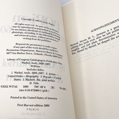 POPism: The Warhol Sixties by Andy Warhol & Pat Hackett [TRADE PAPERBACK] 1990 • Harvest