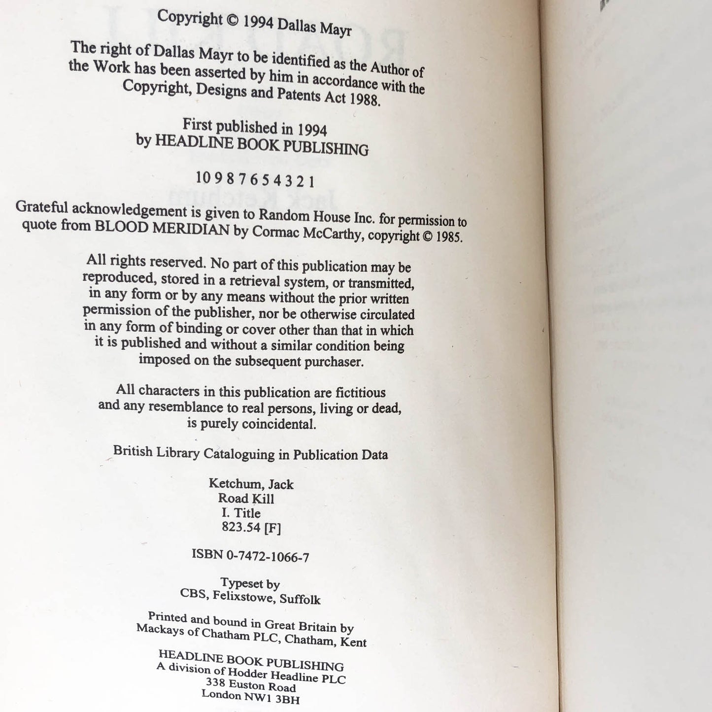 Road Kill aka Joyride by Jack Ketchum [FIRST EDITION • FIRST PRINTING] 1994 • Headline U.K.