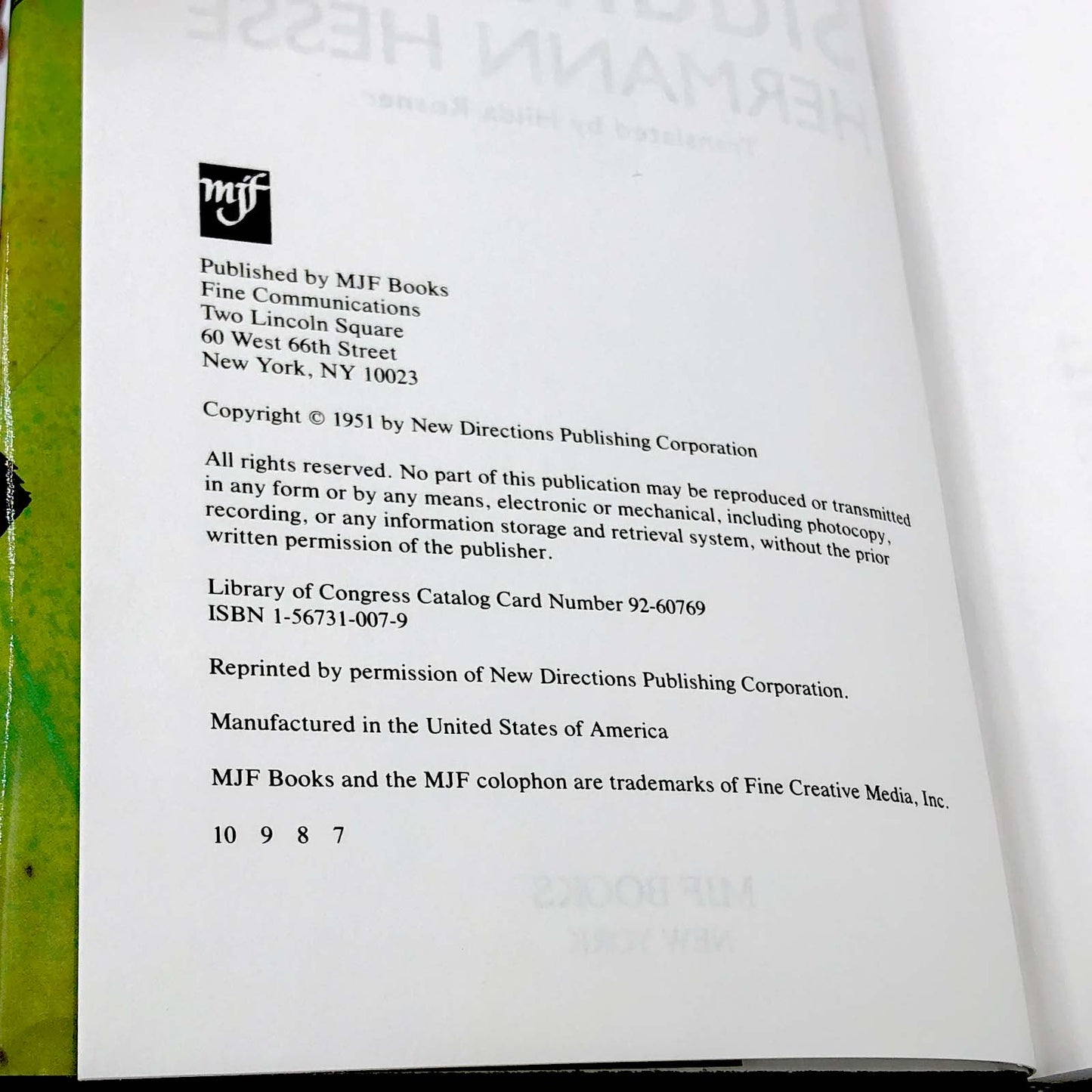 Siddhartha by Hermann Hesse [HARDCOVER RE-ISSUE] 1991 • MJF Books