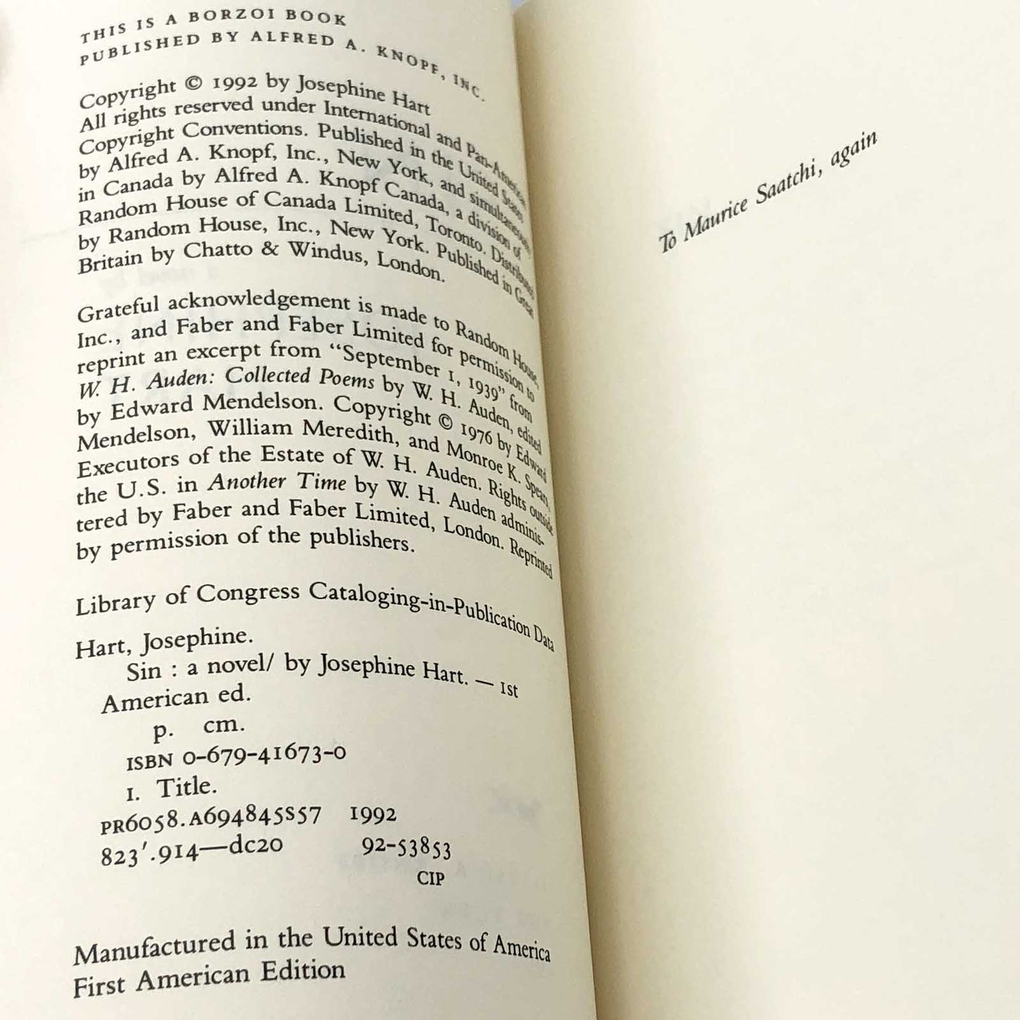 Sin by Josephine Hart [FIRST EDITION PAPERBACK] 1992 • Knopf