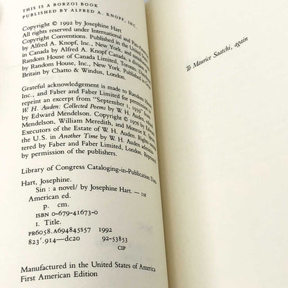 Sin by Josephine Hart [FIRST EDITION PAPERBACK] 1992 • Knopf