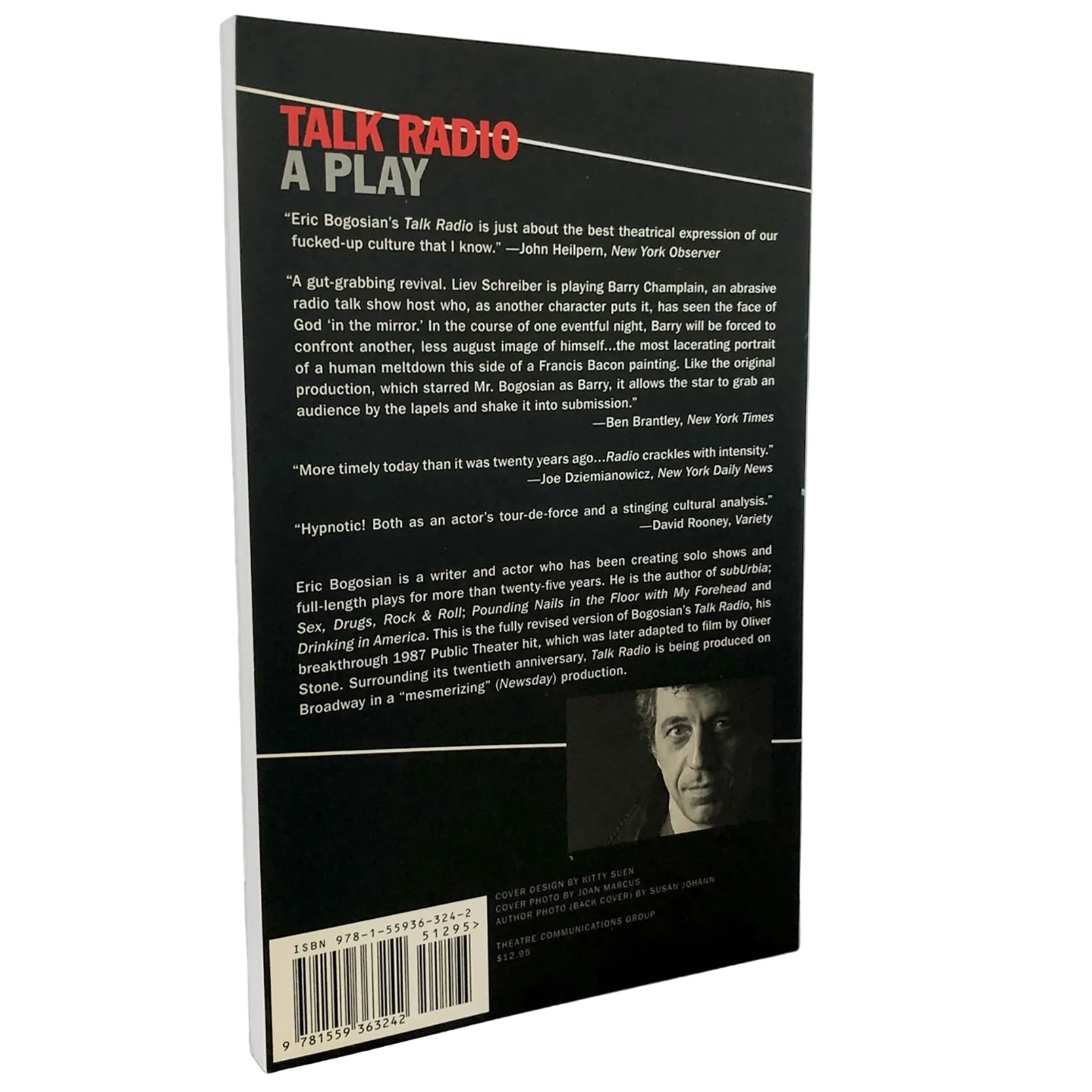 The back cover of the book 'Talk Radio: A Play' by Eric Bogdanov, displayed on a light gray background. The cover is predominantly black with white and red text, featuring a quote, reviews, and a small black-and-white portrait of the author.