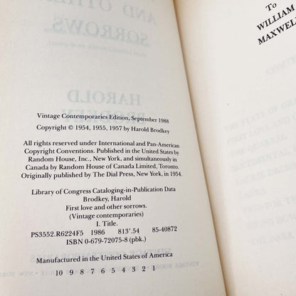 First Love and Other Sorrows by Harold Brodkey [TRADE PAPERBACK] 1988 • Vintage Contemporaries