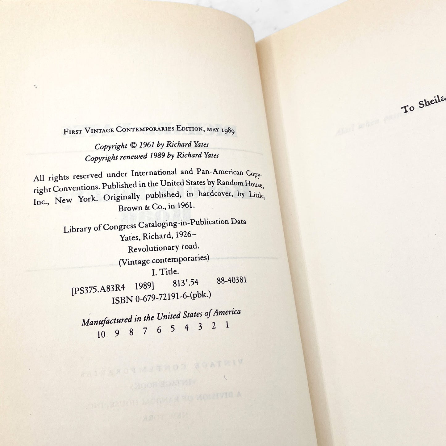 Revolutionary Road by Richard Yates [TRADE PAPERBACK] 1989 • Vintage Contemporaries • 1st Print!