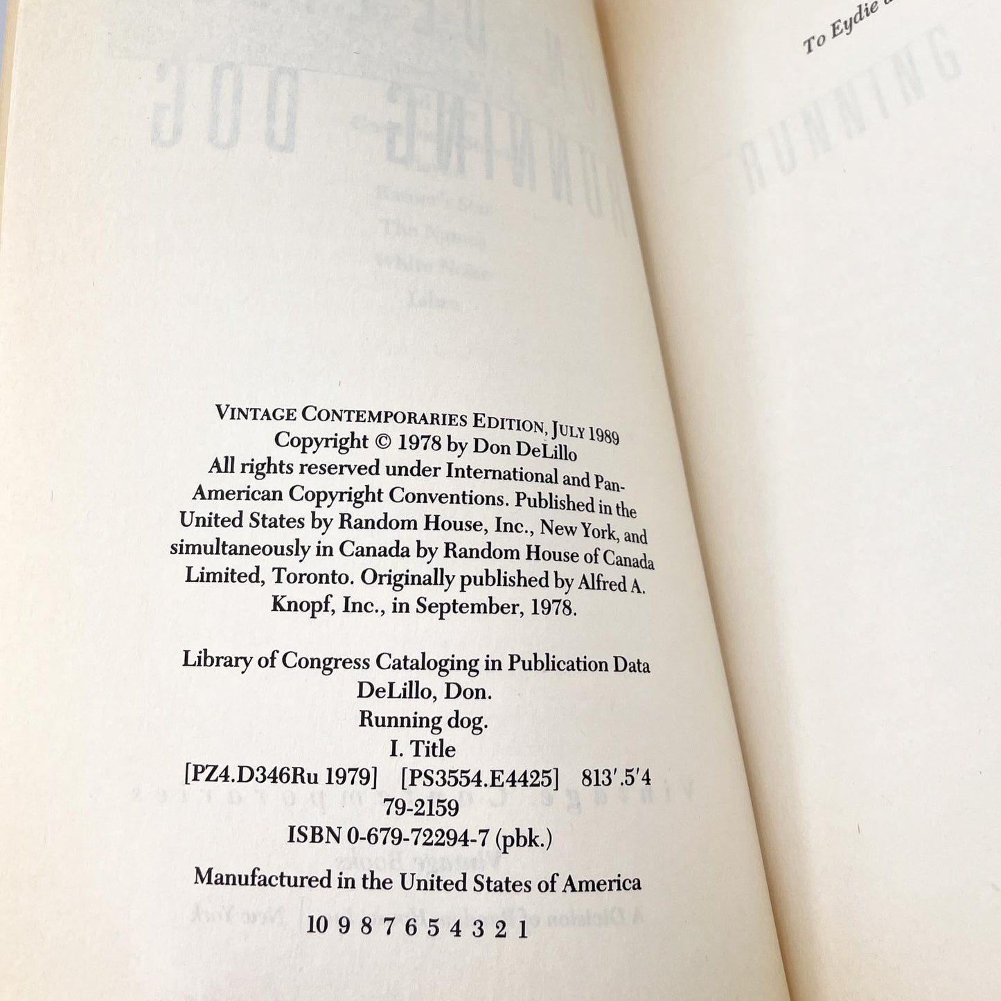 Running Dog by Don DeLillo [TRADE PAPERBACK] 1989 • Vintage Contemporaries • 1st Print!