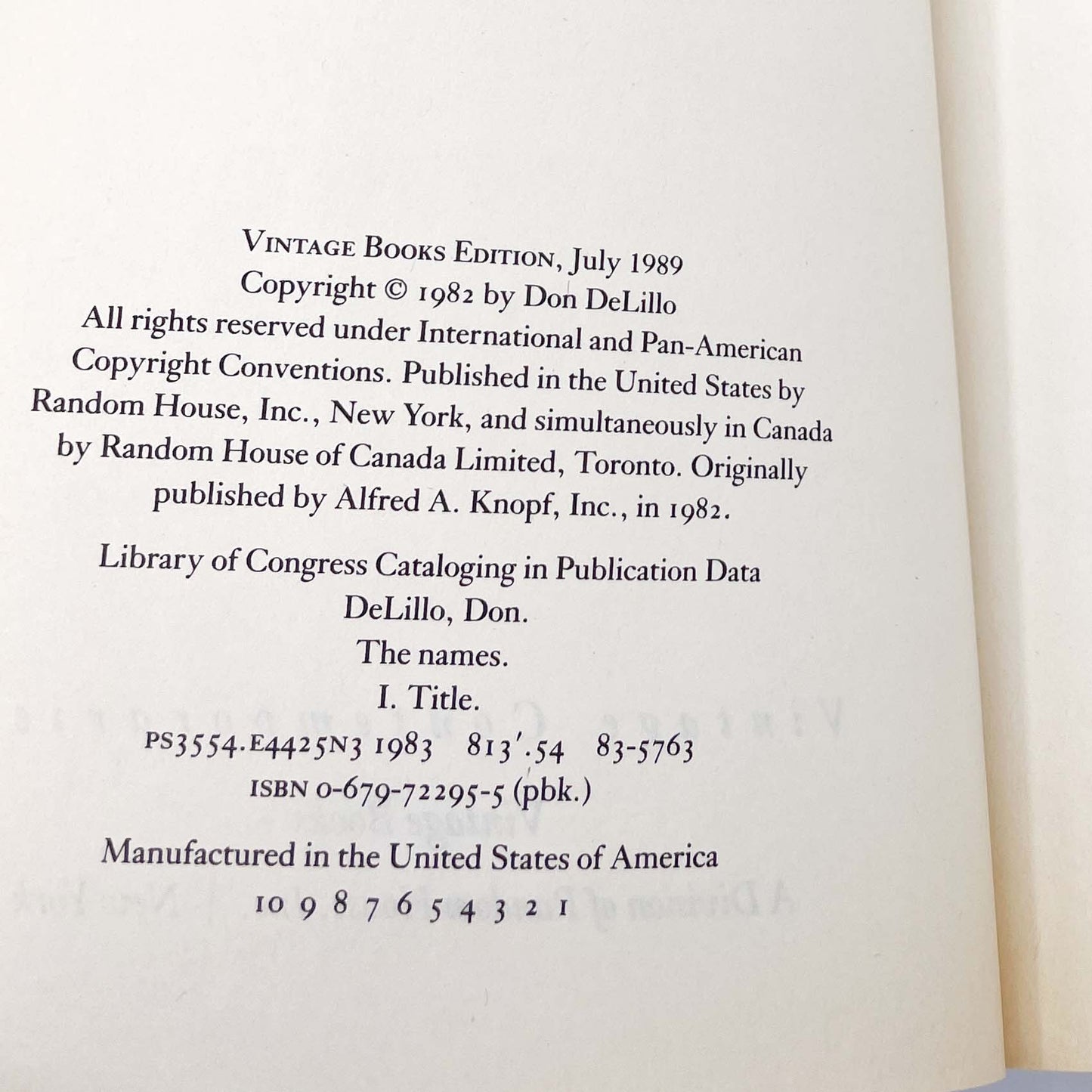 The Names by Don DeLillo [TRADE PAPERBACK] 1989 • Vintage Contemporaries • 1st Print!