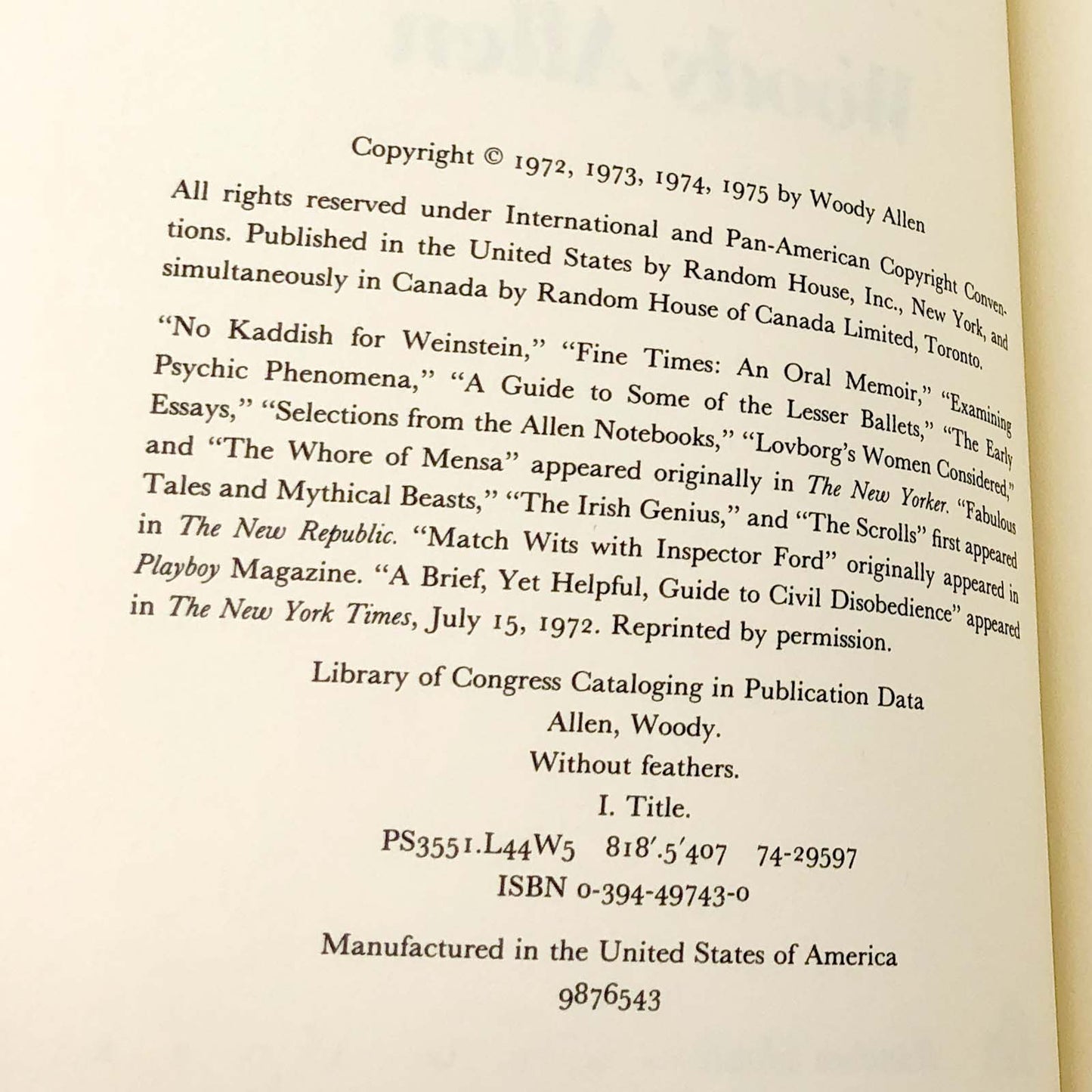 Without Feathers by Woody Allen [FIRST EDITION] 1975 • Random House