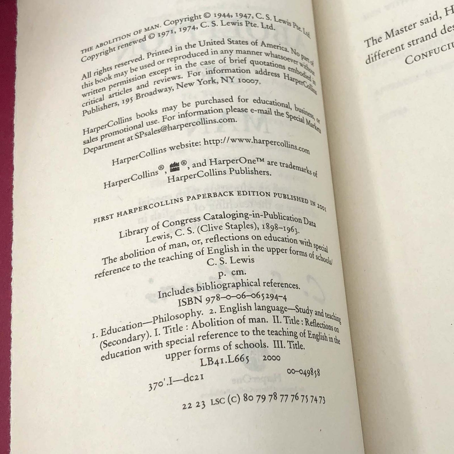 The Abolition of Man by C.S. Lewis [DELUXE TRADE PAPERBACK] 2001