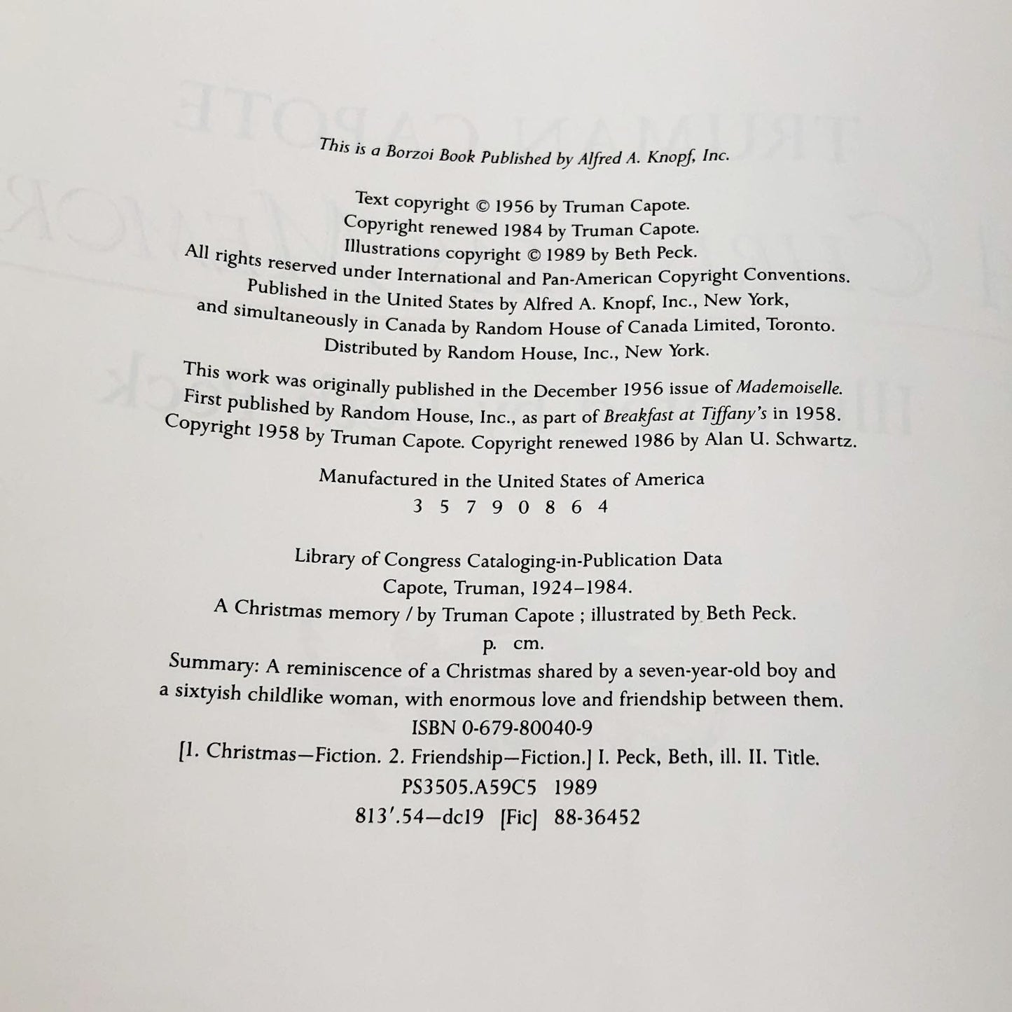 A Christmas Memory by Truman Capote & Beth Peck [PICTUREBOOK EDITION] 1989 • Alfred A Knopf