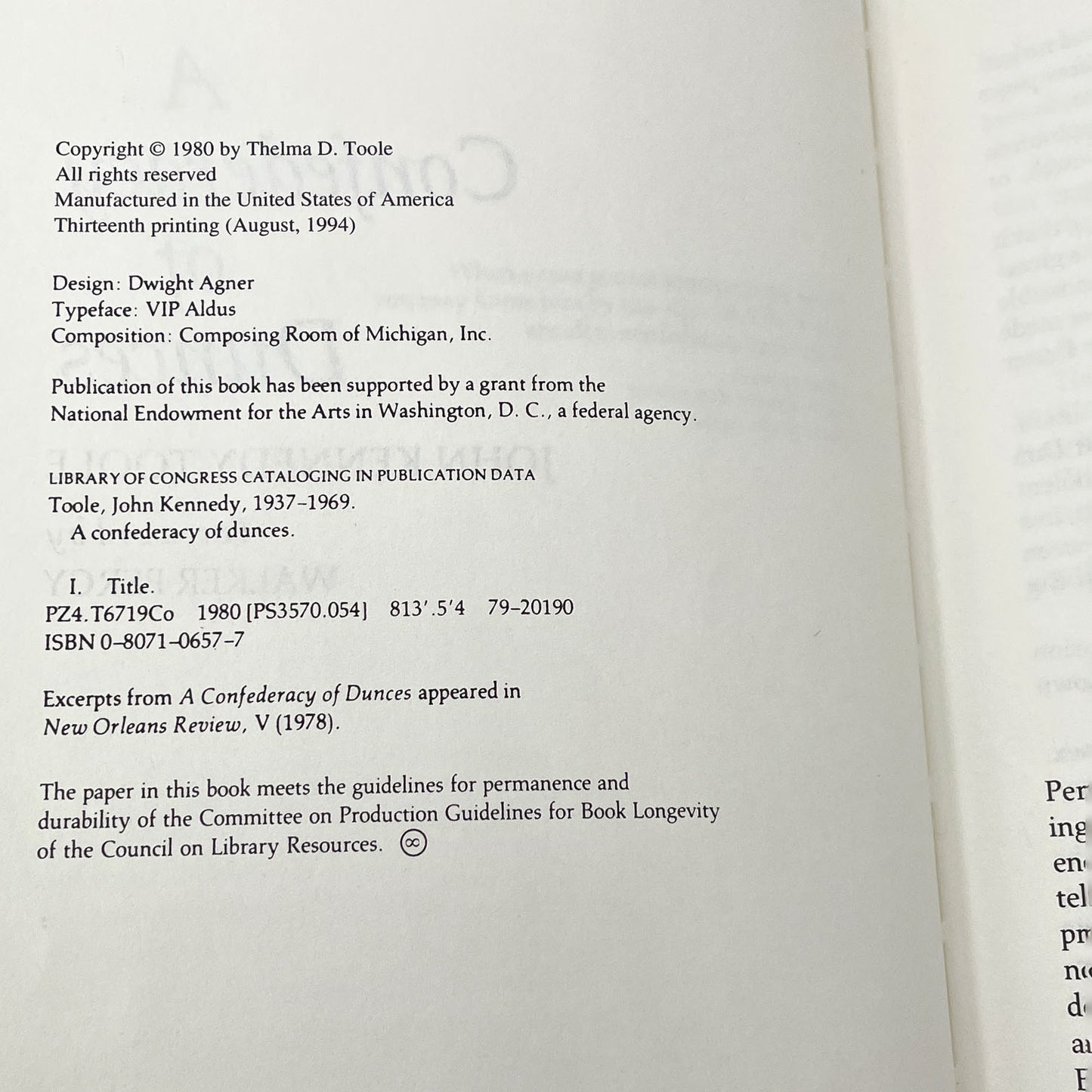 A Confederacy of Dunces by John Kennedy Toole [FIRST EDITION] 1980 • Louisiana State University • 13th Printing / 1994