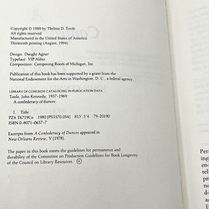 A Confederacy of Dunces by John Kennedy Toole [FIRST EDITION] 1980 • Louisiana State University • 13th Printing / 1994