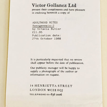 Adulthood Rites by Octavia E. Butler [U.K. FIRST EDITION] 1988 • Gollancz • Publishers Copy