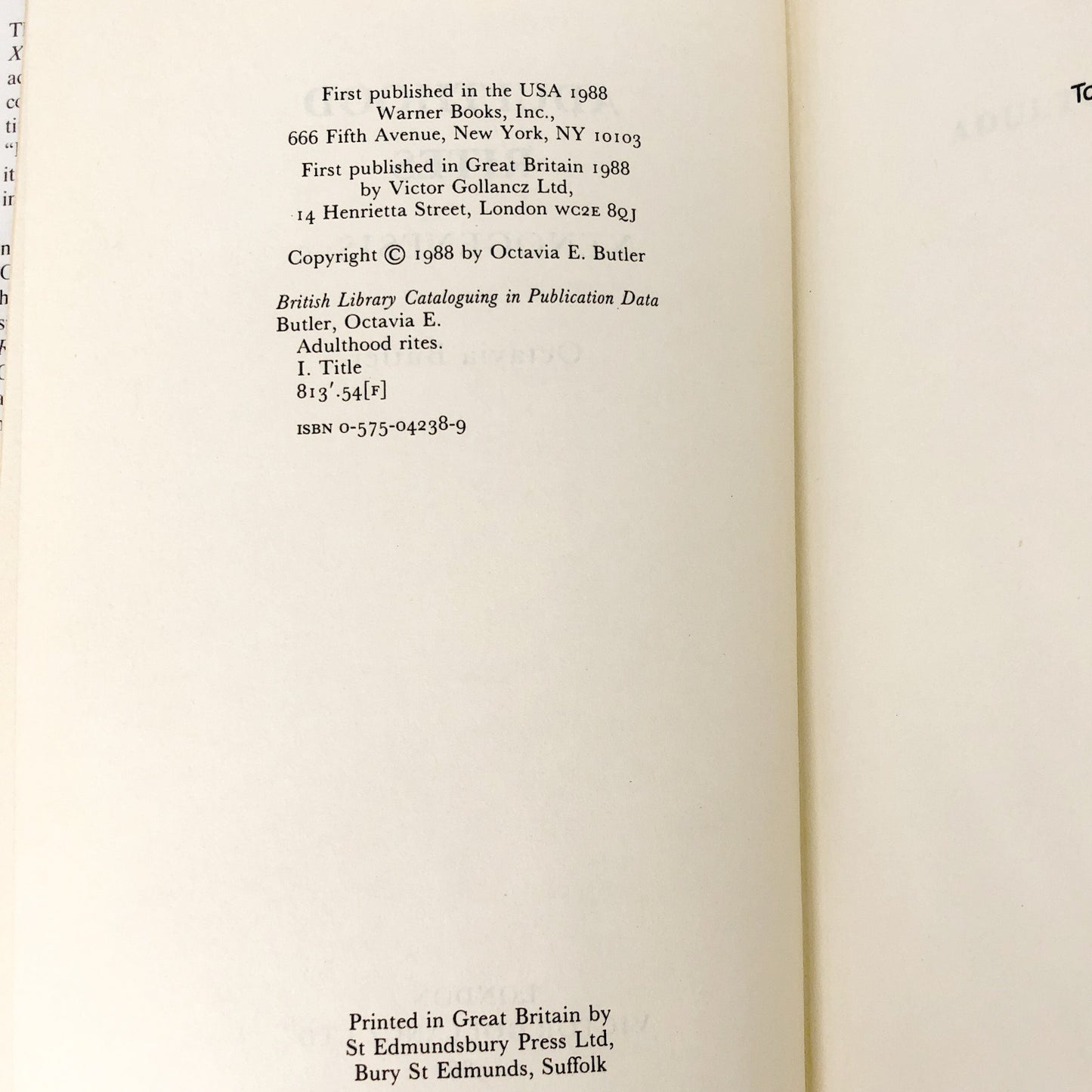 Adulthood Rites by Octavia E. Butler [U.K. FIRST EDITION] 1988 • Gollancz • Publishers Copy