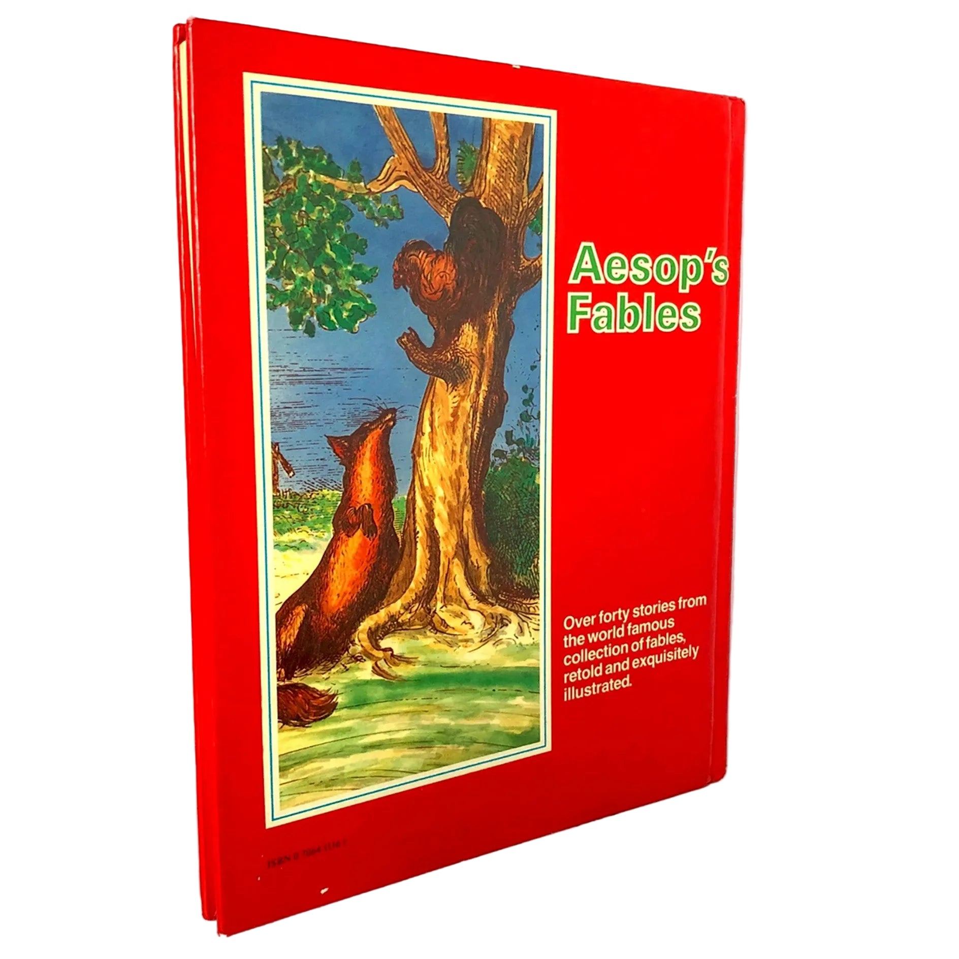 A hardcover book titled 'Aesop's Fables' with a bright red cover, standing upright on a light marble surface against a white background. The front cover features a large illustrated scene showing a lion and a fox by a tree, with the title in green text.