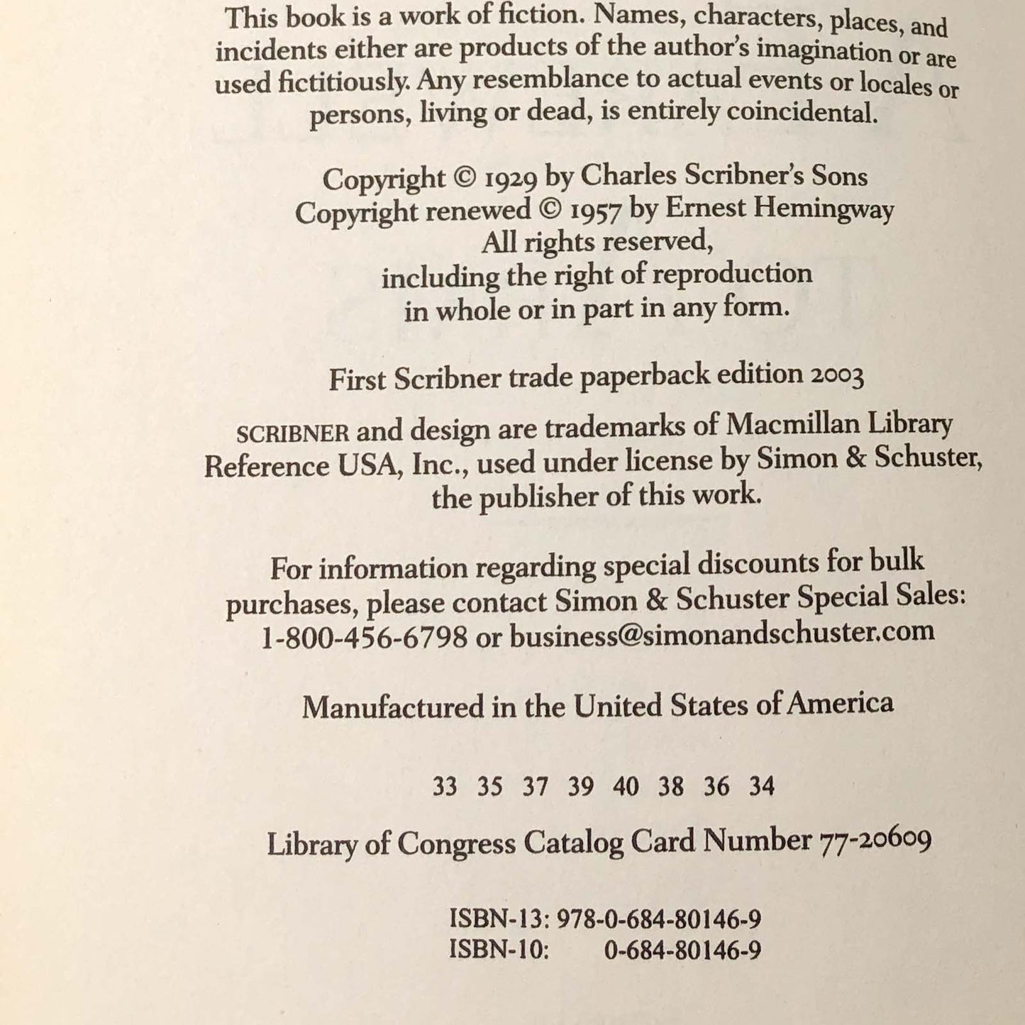 A Farewell to Arms by Ernest Hemingway [TRADE PAPERBACK] 2003 • Scribner