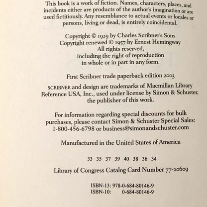 A Farewell to Arms by Ernest Hemingway [TRADE PAPERBACK] 2003 • Scribner