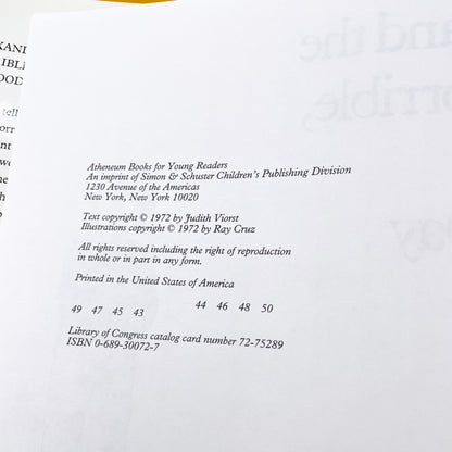 Alexander & the Terrible, Horrible, No Good, Very Bad Day by Judith Viorst & Ray Cruz [FIRST EDITION] 1972 • Later Printing 