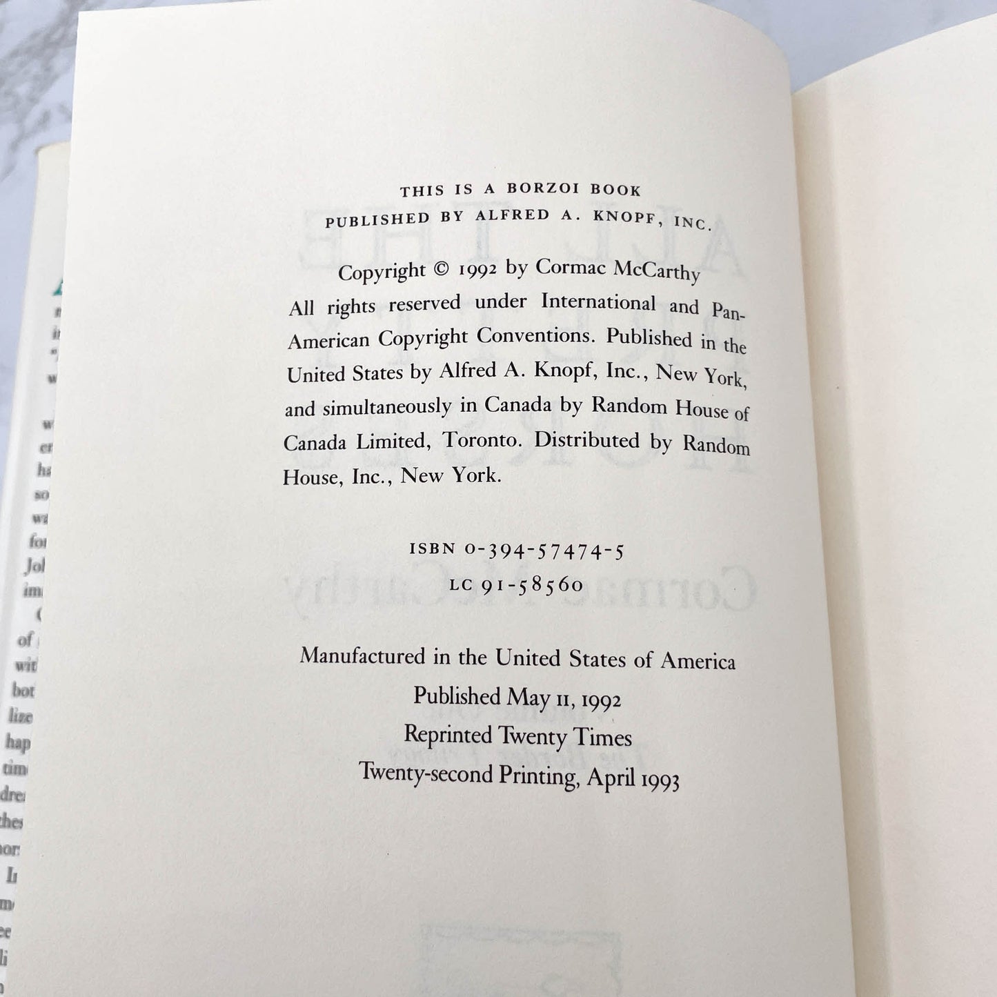 All the Pretty Horses by Cormac Mccarthy [FIRST EDITION] 1993 • 22nd Printing • Knopf