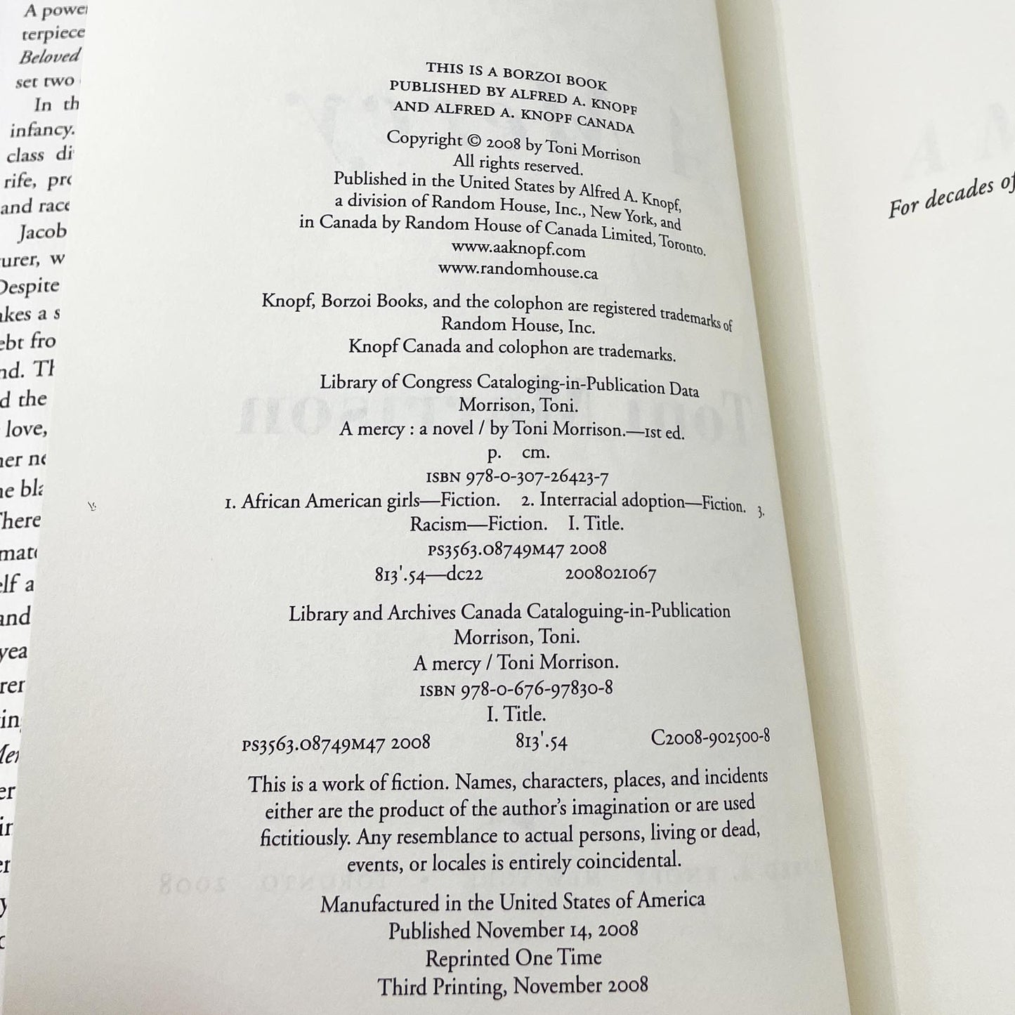 A Mercy by Toni Morrison [FIRST EDITION] 2008 • Knopf