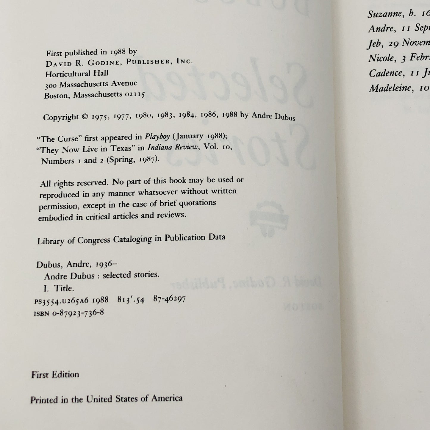Selected Stories by Andre Dubus [FIRST EDITION • FIRST PRINTING] 1988
