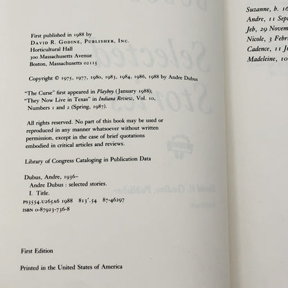 Selected Stories by Andre Dubus [FIRST EDITION • FIRST PRINTING] 1988