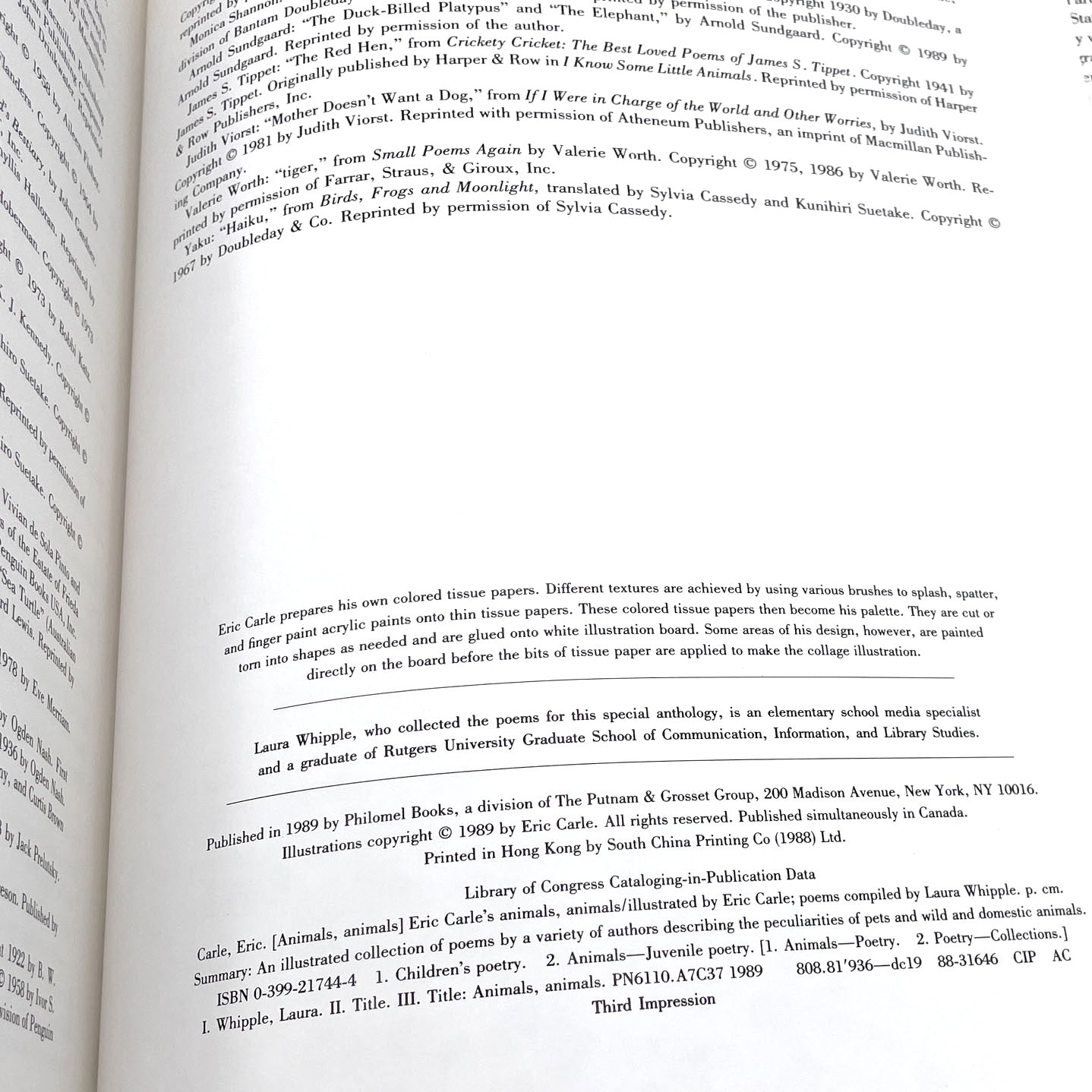 Animals Animals by Eric Carle [FIRST EDITION] 1989 • Philomel Books