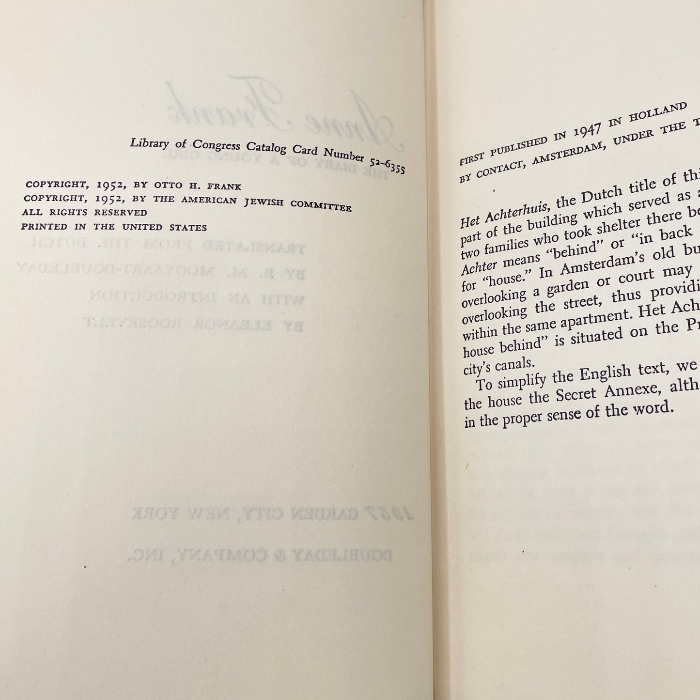 Anne Frank: The Diary of a Young Girl [FIRST EDITION] 1952 • Doubleday & Co.