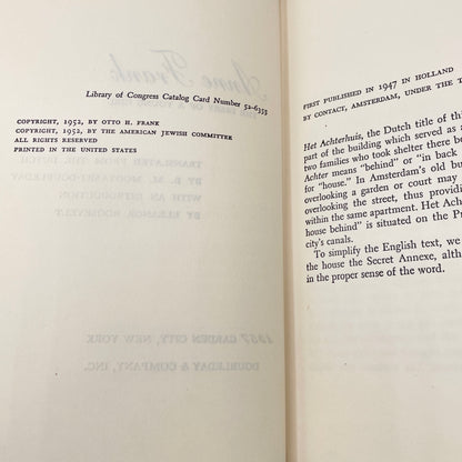 Anne Frank: The Diary of a Young Girl [FIRST EDITION] 1952 • Doubleday & Co.