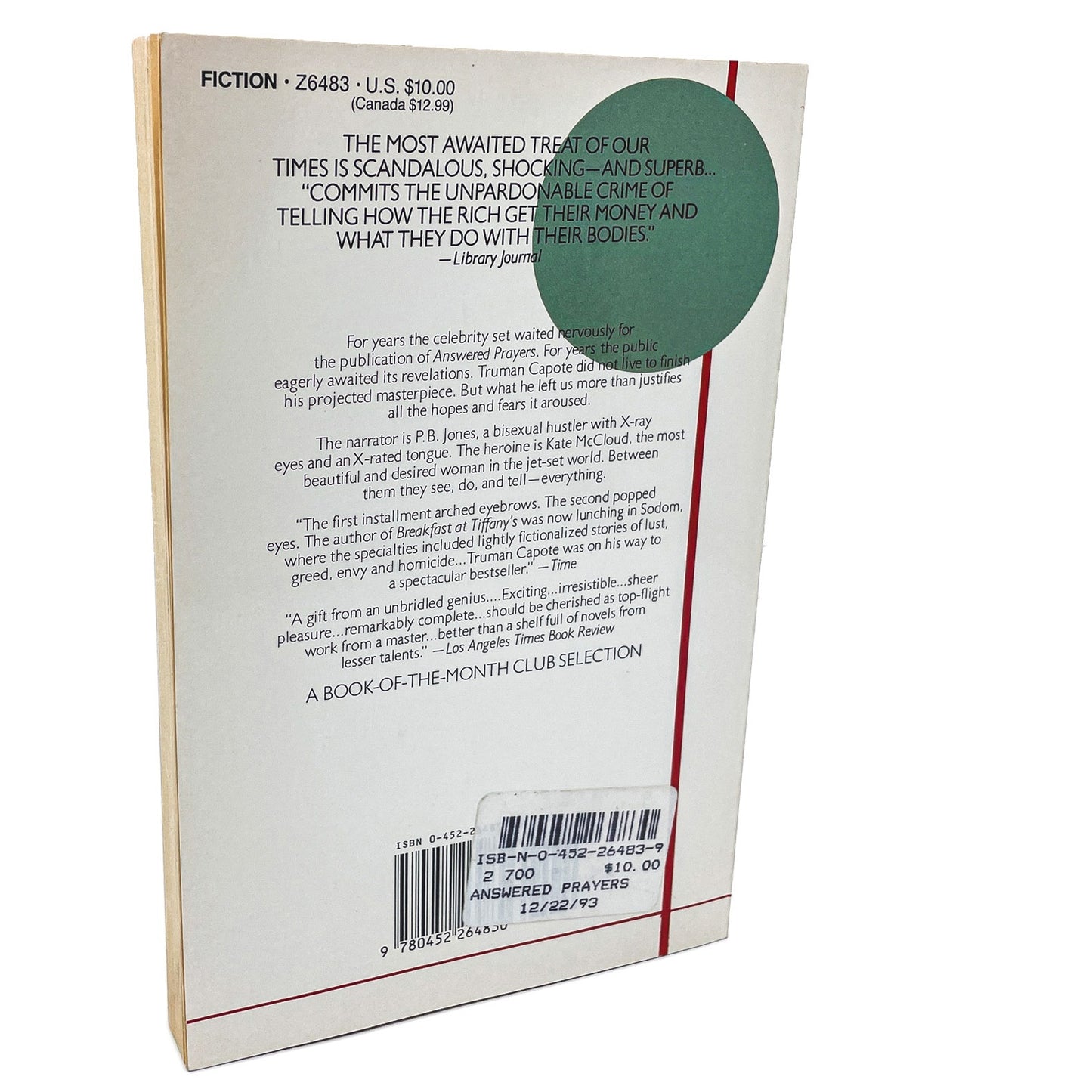 Answered Prayers: The Unfinished Novel by Truman Capote [FIRST PAPERBACK EDITION] 1988 • Plume