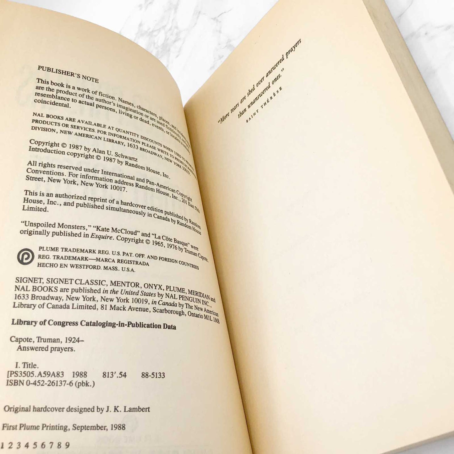 Answered Prayers: The Unfinished Novel by Truman Capote [FIRST PAPERBACK PRINTING] 1988 • Plume