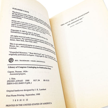Answered Prayers: The Unfinished Novel by Truman Capote [FIRST PAPERBACK EDITION] 1988 • Plume