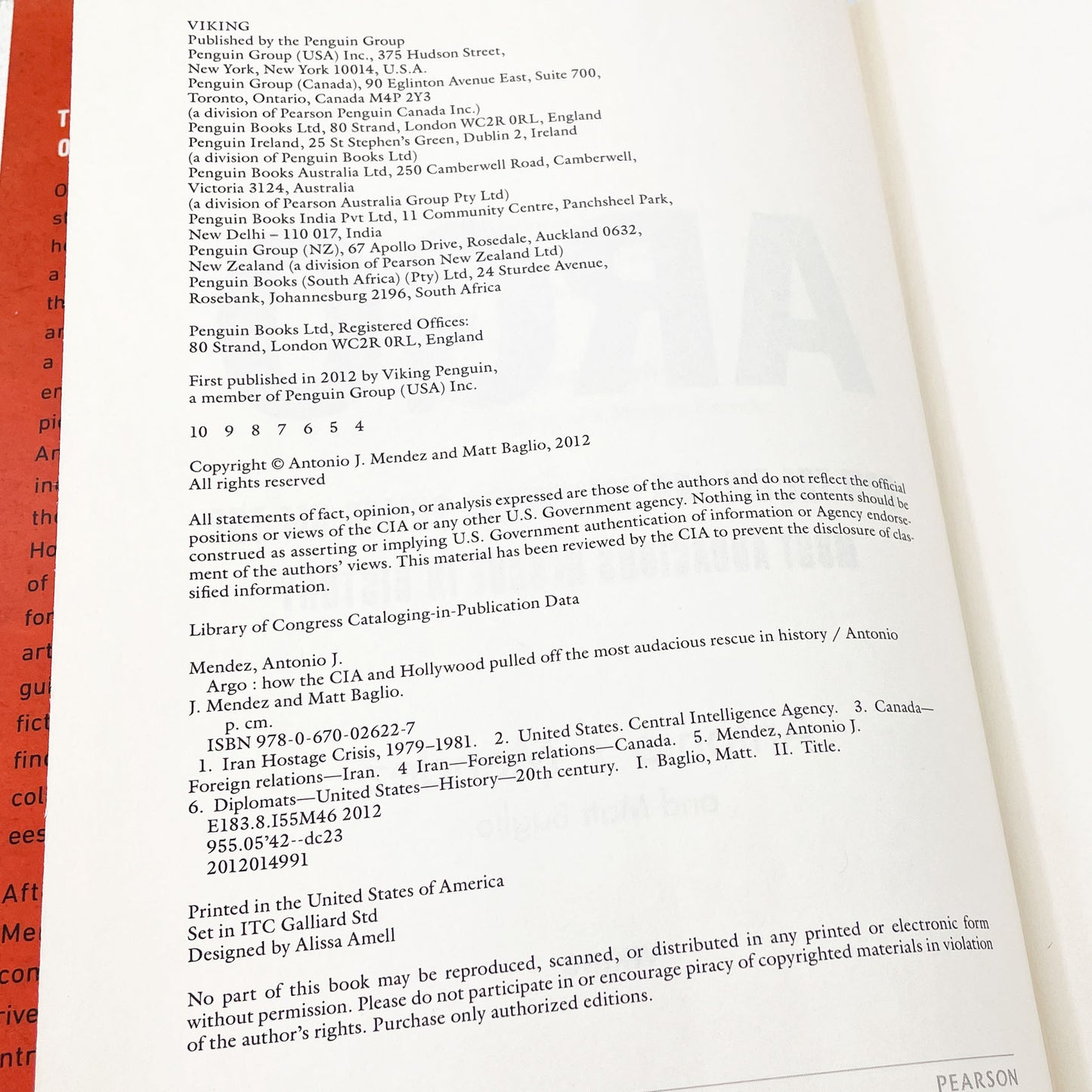 Argo by Antonio J. Méndez & Matt Baglio [FIRST EDITION] 2012 • Viking