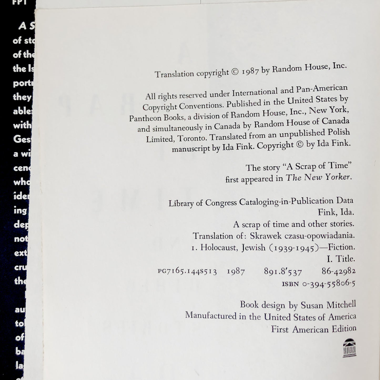 A Scrap of Time & Other Stories by Ida Fink [FIRST EDITION] 1987 • Random House