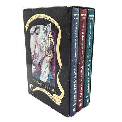 The Trouble Begins: A Box of Unfortunate Events (Books #1-3) by Lemony Snicket [FIRST EDITION BOX SET] 2001 • HarperCollins