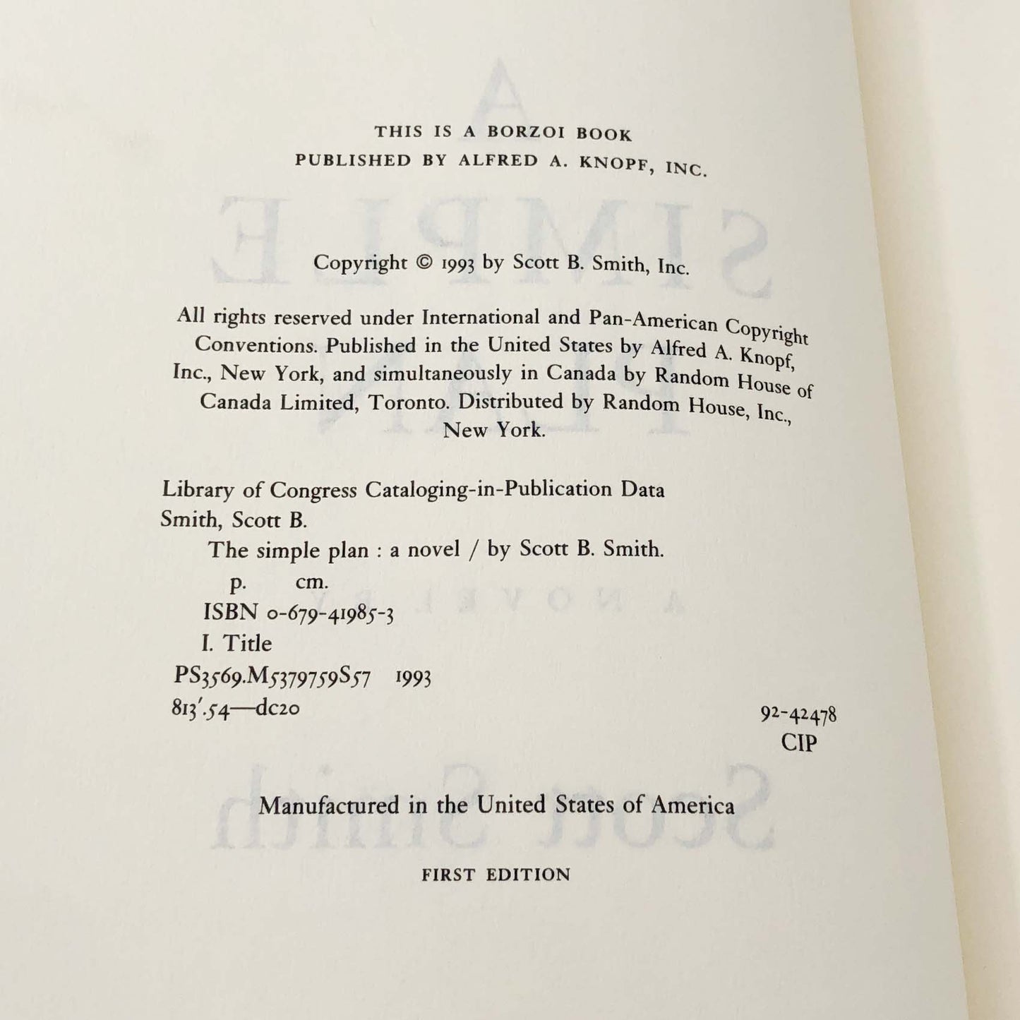 A Simple Plan by Scott Smith [FIRST EDITION] 1993 • Knopf