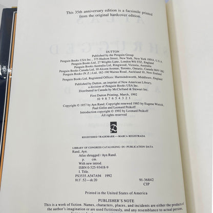 Atlas Shrugged by Ayn Rand [35th ANNIVERSARY HARDCOVER] 1992 • Dutton Books