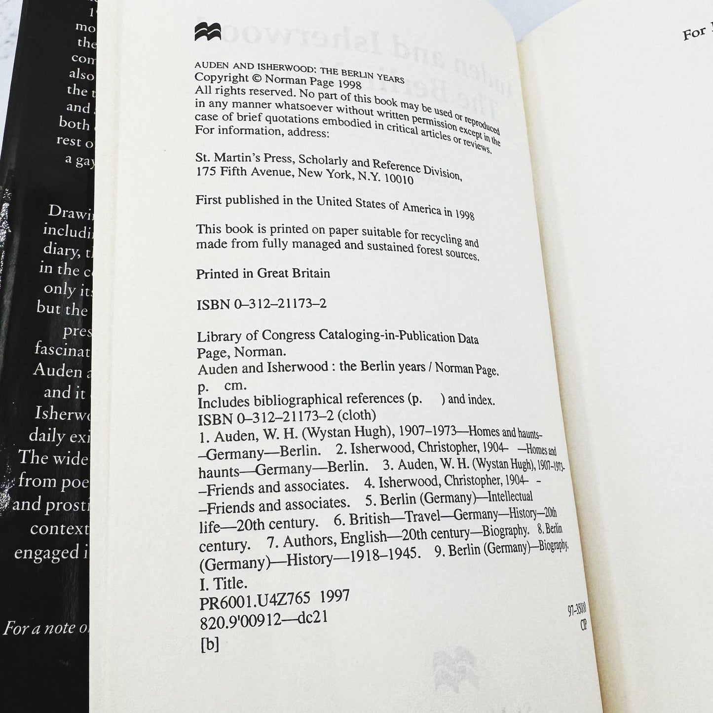 Auden and Isherwood: The Berlin Years by Norman Page [FIRST EDITION] 1998 • St. Martin's Press