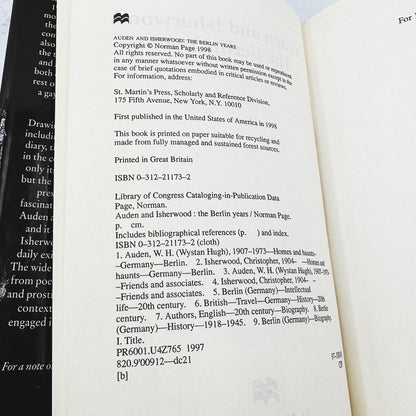 Auden and Isherwood: The Berlin Years by Norman Page [FIRST EDITION] 1998 • St. Martin's Press