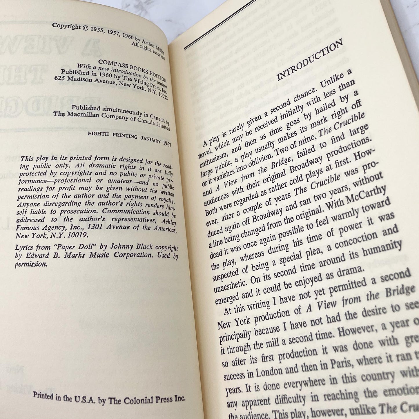 A View From the Bridge by Arthur Miller [FIRST TRADE PAPERBACK EDITION] 1960 • Compass Books