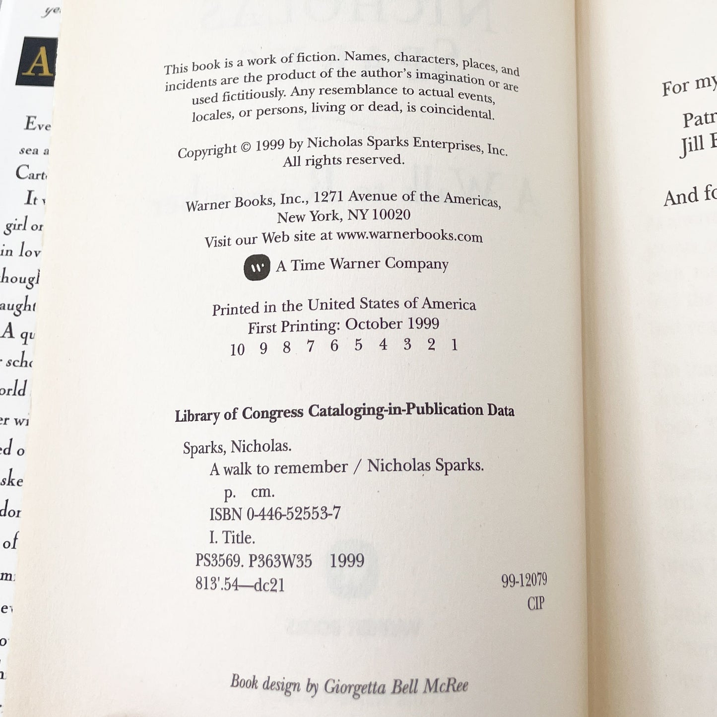 A Walk to Remember by Nicholas Sparks [FIRST EDITION • FIRST PRINTING] 1999 • Warner