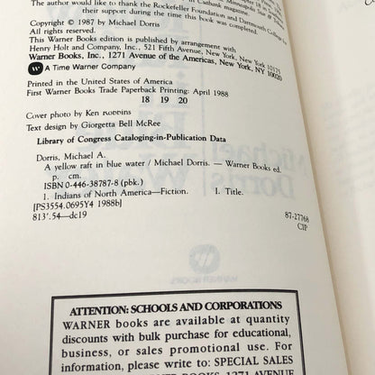 A Yellow Raft in Blue Water by Michael Dorris [FIRST PAPERBACK EDITION] 1988 • Warner Books