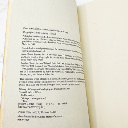 Bad Behavior by Mary Gaitskill [FIRST PAPERBACK PRINTING] 1989 • Vintage Contemporaries