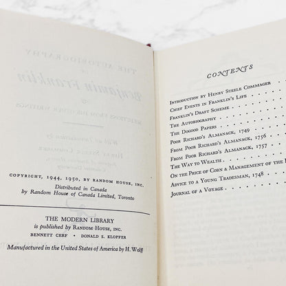 The Autobiography of Benjamin Franklin & Selected Writings [1950 HARDCOVER] • The Modern Library